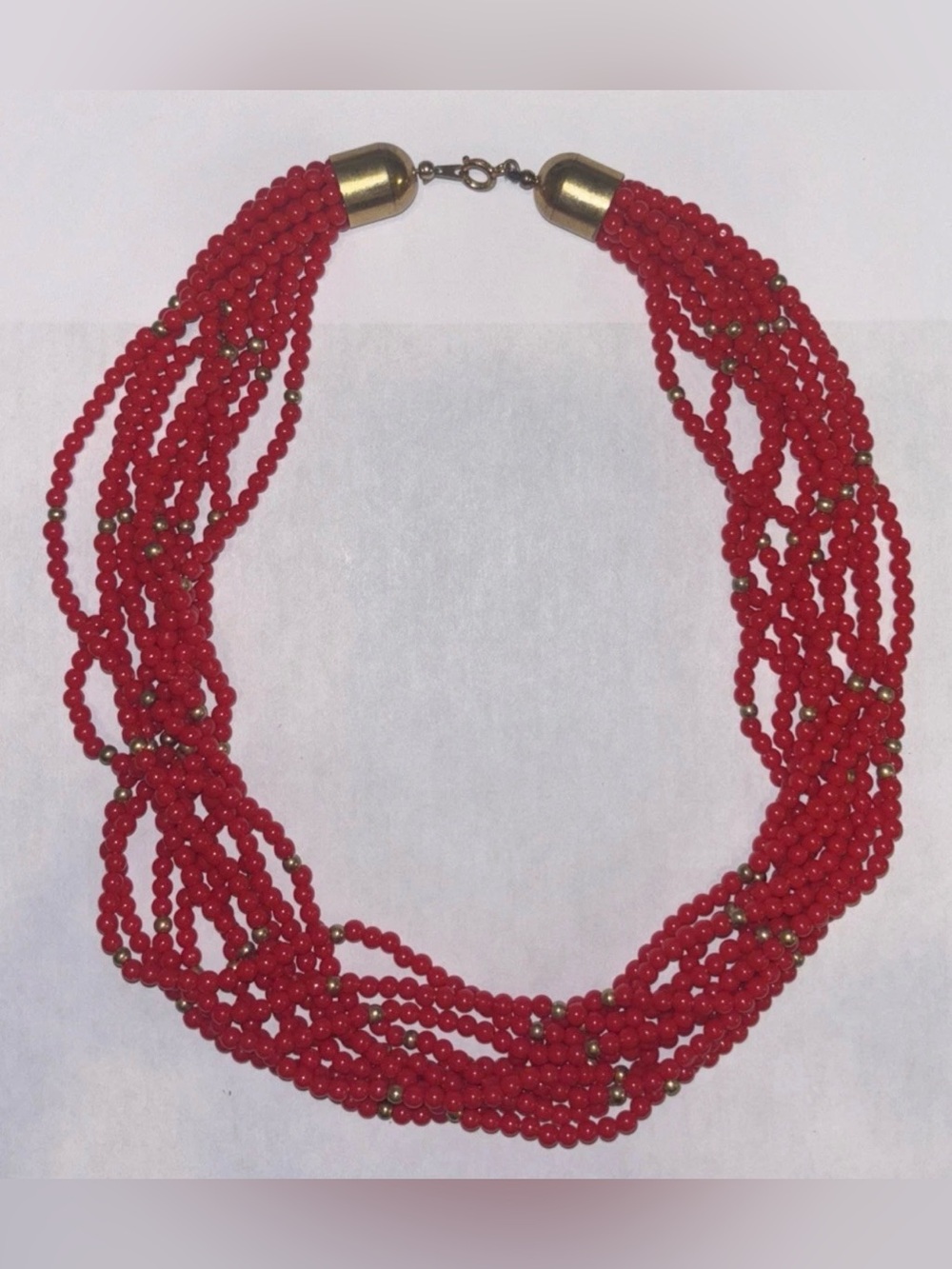 Vintage Y2K Red Multi Strand Seed Bead‎ Necklace 18” Gold Tone